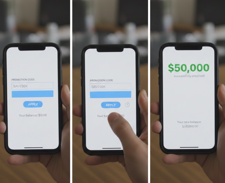 프로모션 코드 입력창에 코드 넣고 적용 버튼 누르는 순간 50,000원 적립
