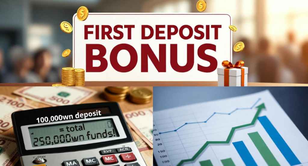 첫충+꽁머니 패키지 배너, '10만 충전 시 총 25만 자금!' 계산기 이미지와 수익 그래프 첫충+꽁머니 패키지 배너, '10만 충전 시 총 25만 자금!' 계산기 이미지와 수익 그래프