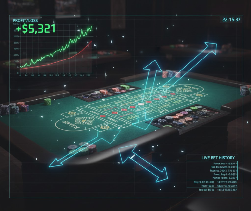 바카라 테이블 화면에 베팅 패턴 화살표와 수익 그래프 바카라 테이블 화면에 베팅 패턴 화살표와 수익 그래프