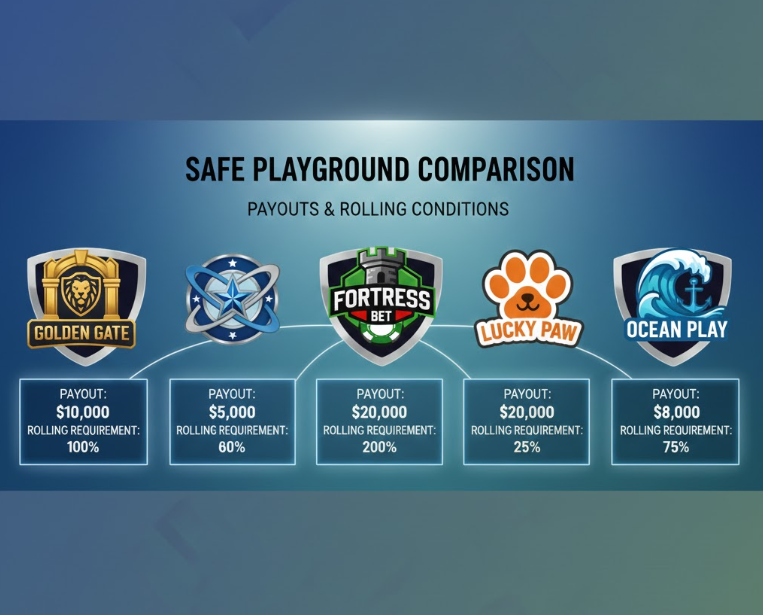 안전놀이터 로고 5개와 지급 금액·롤링 조건이 함께 표시된 비교