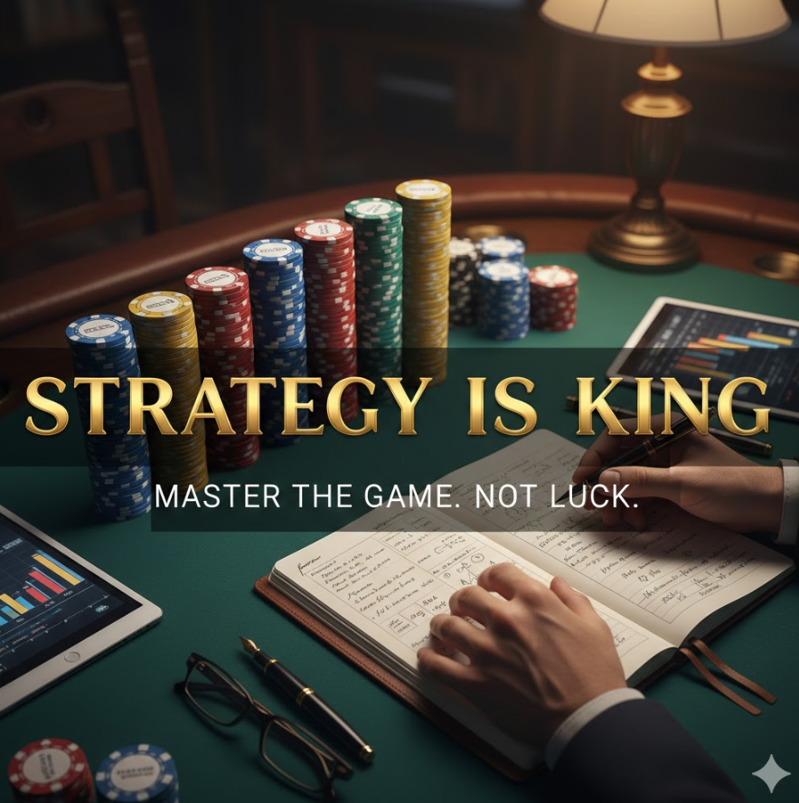 체계적으로 쌓인 칩 더미와 전략적인 노트를 적는 모습