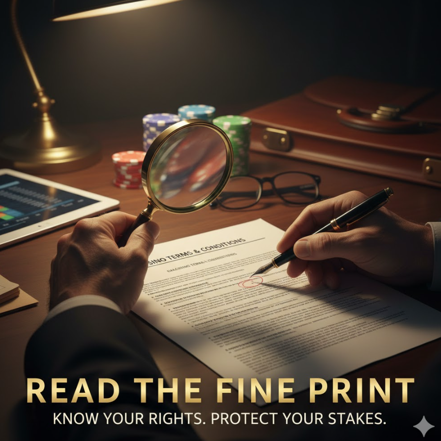 복잡한 약관 문서와 돋보기를 들고 검토하는 전문가의 손 이미지