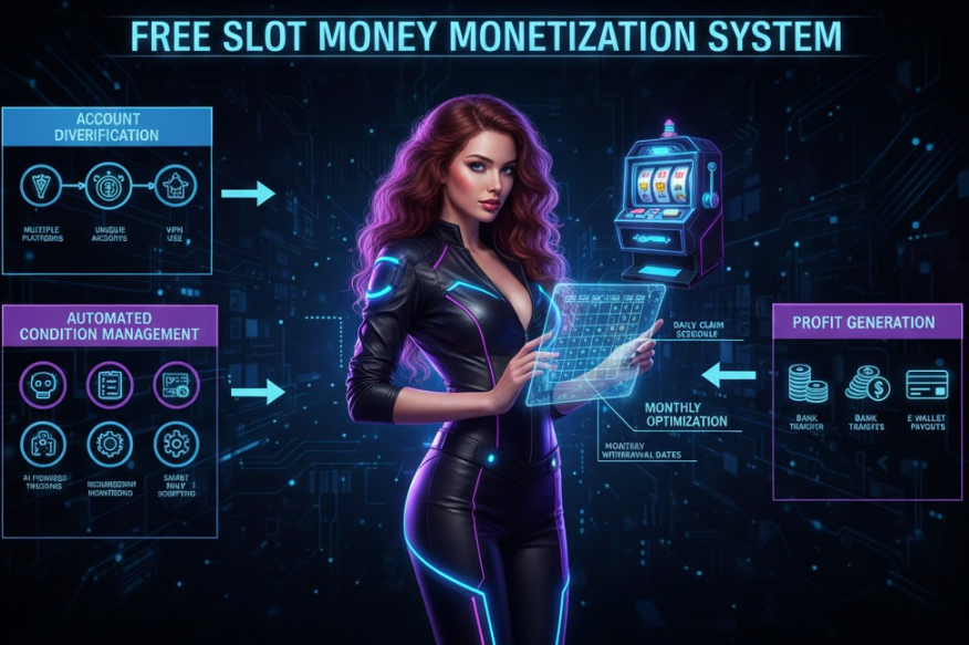 수익화 시스템 다이어그램 – 계정 분산부터 조건 자동 관리, 월별 캘린더까지 전체 흐름을 시각적으로 정리한 전문 로드맵 이미지