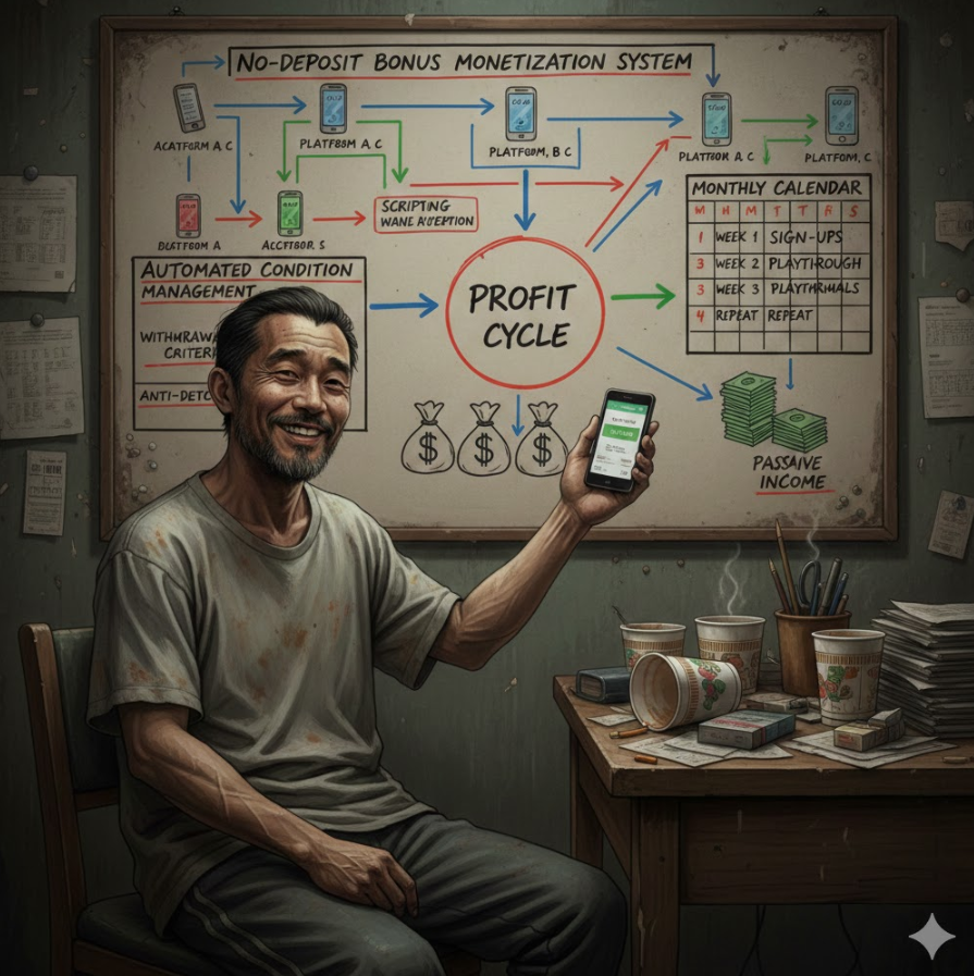 수익화 시스템 다이어그램 – 계정 분산부터 조건 자동 관리, 월별 캘린더까지 전체 흐름을 시각적으로 정리한 전문 로드맵 이미지