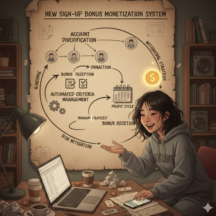 수익화 시스템 다이어그램 – 계정 분산부터 조건 자동 관리, 월별 캘린더까지 전체 흐름을 시각적으로 정리한 전문 로드맵 이미지