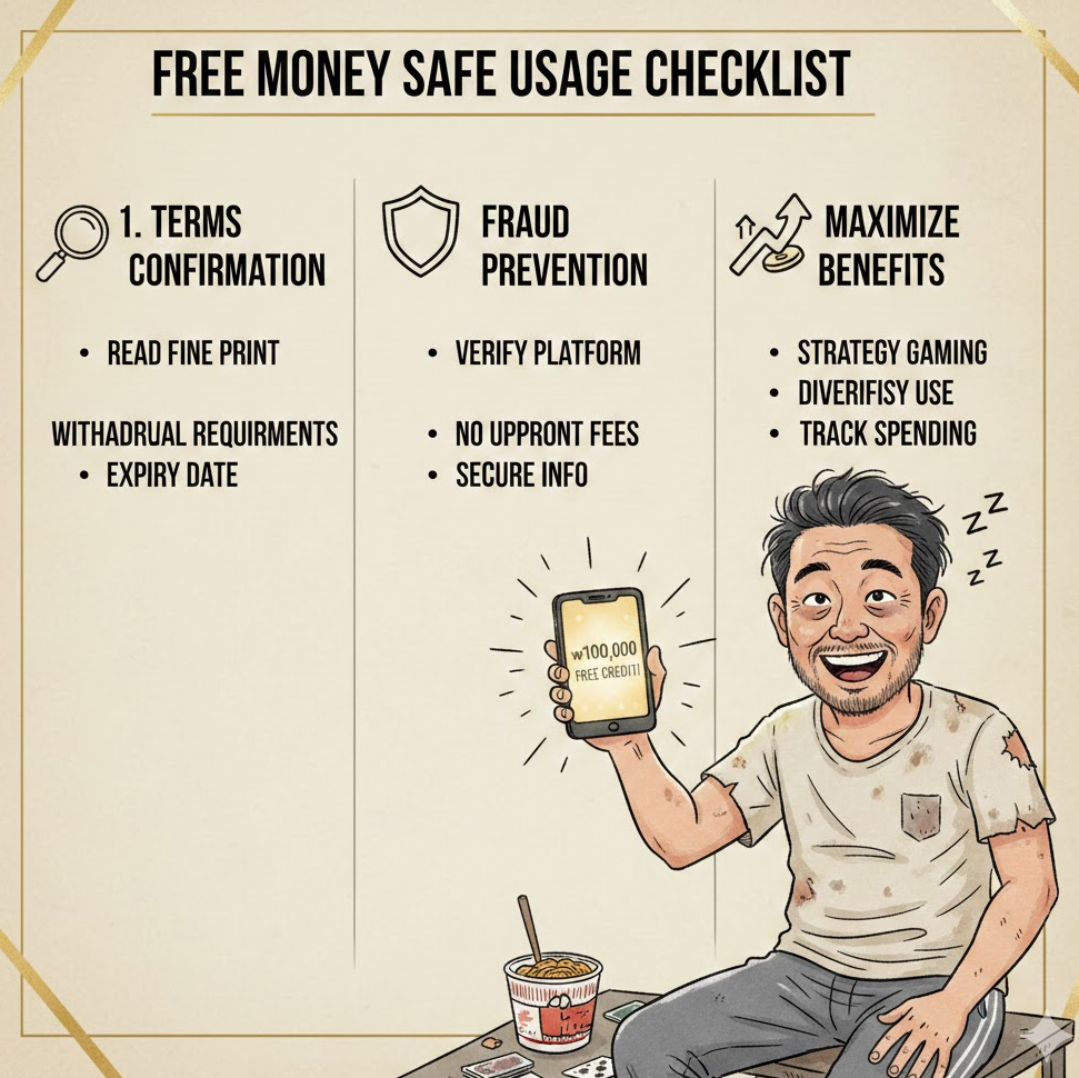 안전 활용 체크리스트 인포그래픽 – 조건 확인, 사기 방지, 최대 활용 팁을 단계별로 정리한 이미지