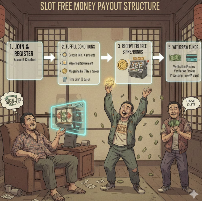 지급 구조 인포그래픽 – 가입부터 조건 충족, 스핀 사용, 출금까지의 전체 흐름을 단계별로 보여주는 명확한 다이어그램