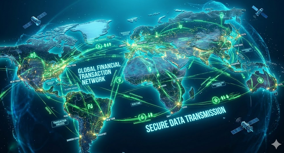 전 세계 금융 거래망을 형상화한 디지털 지도 위로 안전한 데이터 전송을 뜻하는 녹색 신호들이 흐르는 이미지