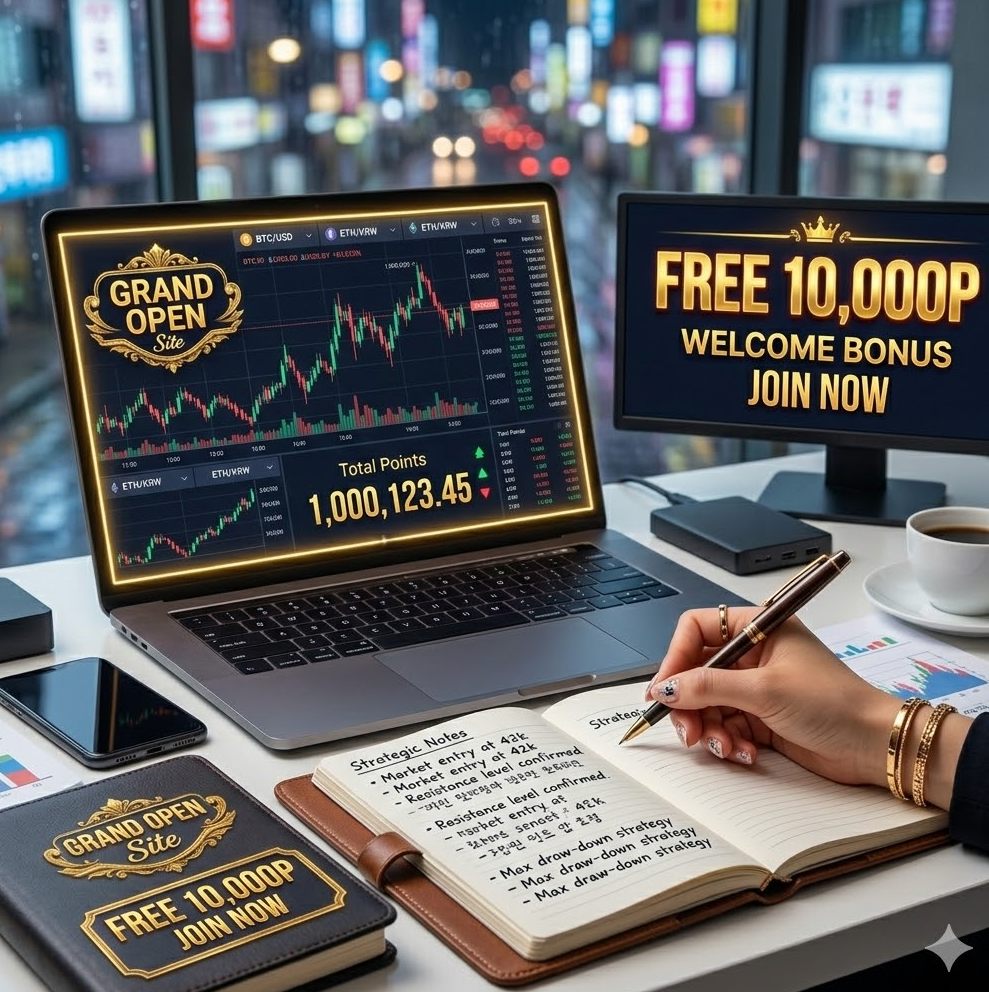 노트북 화면에 베팅 차트와 포인트 숫자가 올라가는 모습, 옆에는 전략 노트를 적는 손이 보이는 전문적인 분석가 이미지