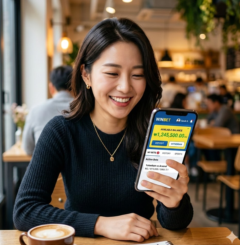 스마트폰으로 베팅 사이트 잔액을 확인하며 만족스러운 미소를 짓는 사용자의 모습과 직관적인 앱 인터페이스 이미지