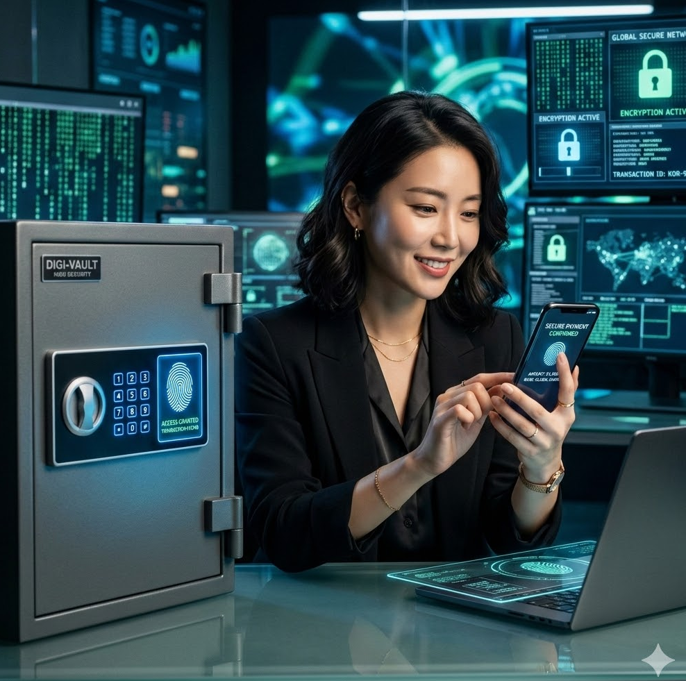 디지털 금고와 스마트폰을 배경으로 안전한 금융 거래 및 보안 승인을 상징하는 세련된 사이버 보안 컨셉 이미지