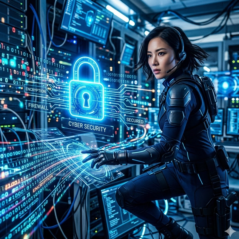 디지털 보안을 상징하는 강렬한 파란색 자물쇠와 데이터 비트가 흐르는 하이테크 사이버틱 배경 이미지