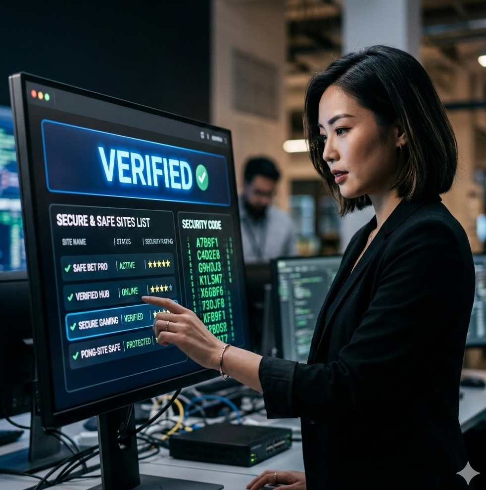 디지털 대시보드 화면에 'VERIFIED' 표시와 함께 안전한 사이트들의 목록이 정렬되어 있고 보안 코드가 흐르는 모습