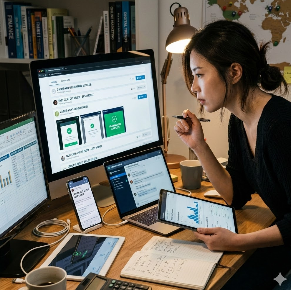 다양한 스마트기기에 띄워진 여러 커뮤니티의 환전 성공 인증 게시글들을 한데 모아 분석하는 전략가의 책상 이미지