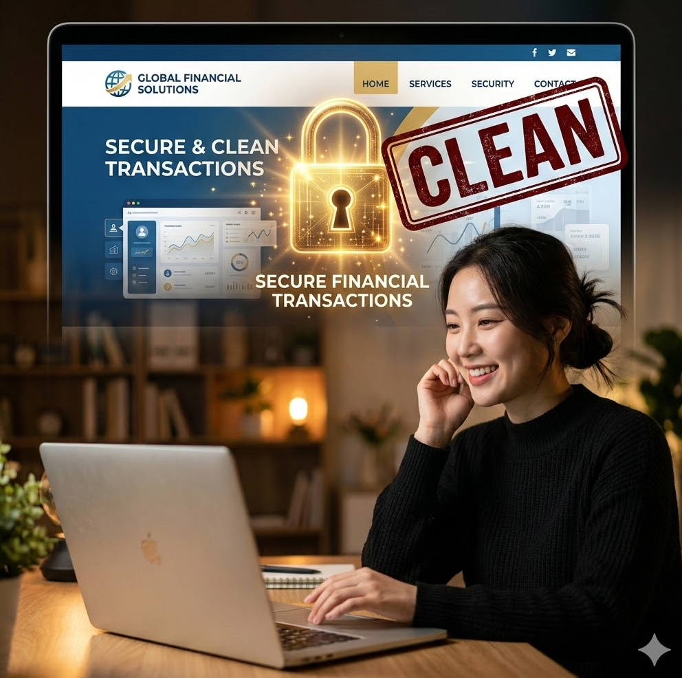  'CLEAN' 도장이 찍힌 웹사이트 페이지와 그 위로 안전한 금융 거래를 상징하는 황금색 자물쇠 아이콘이 빛나는 이미지