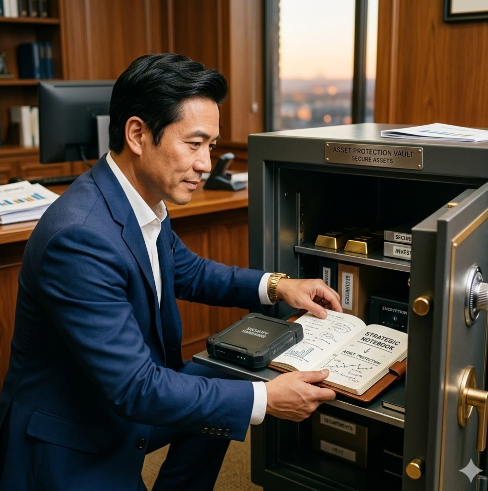 전문가가 금고 안에 자신의 전략 노트와 보안 하드웨어를 보관하며 자산 보호를 실천하는 상징적인 이미지