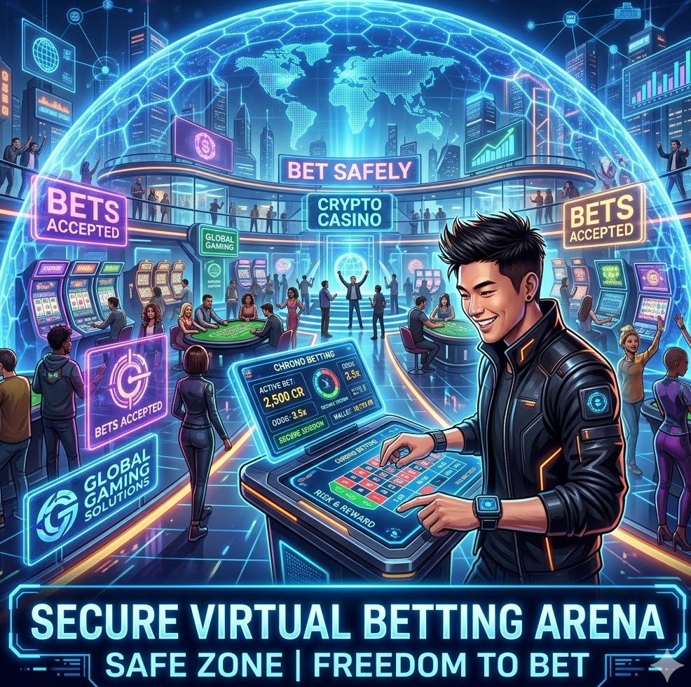 미래 지향적인 가상 공간에서 유저들이 안전한 보안 장벽 안에서 자유롭게 베팅을 즐기는 디지털 아트 이미지