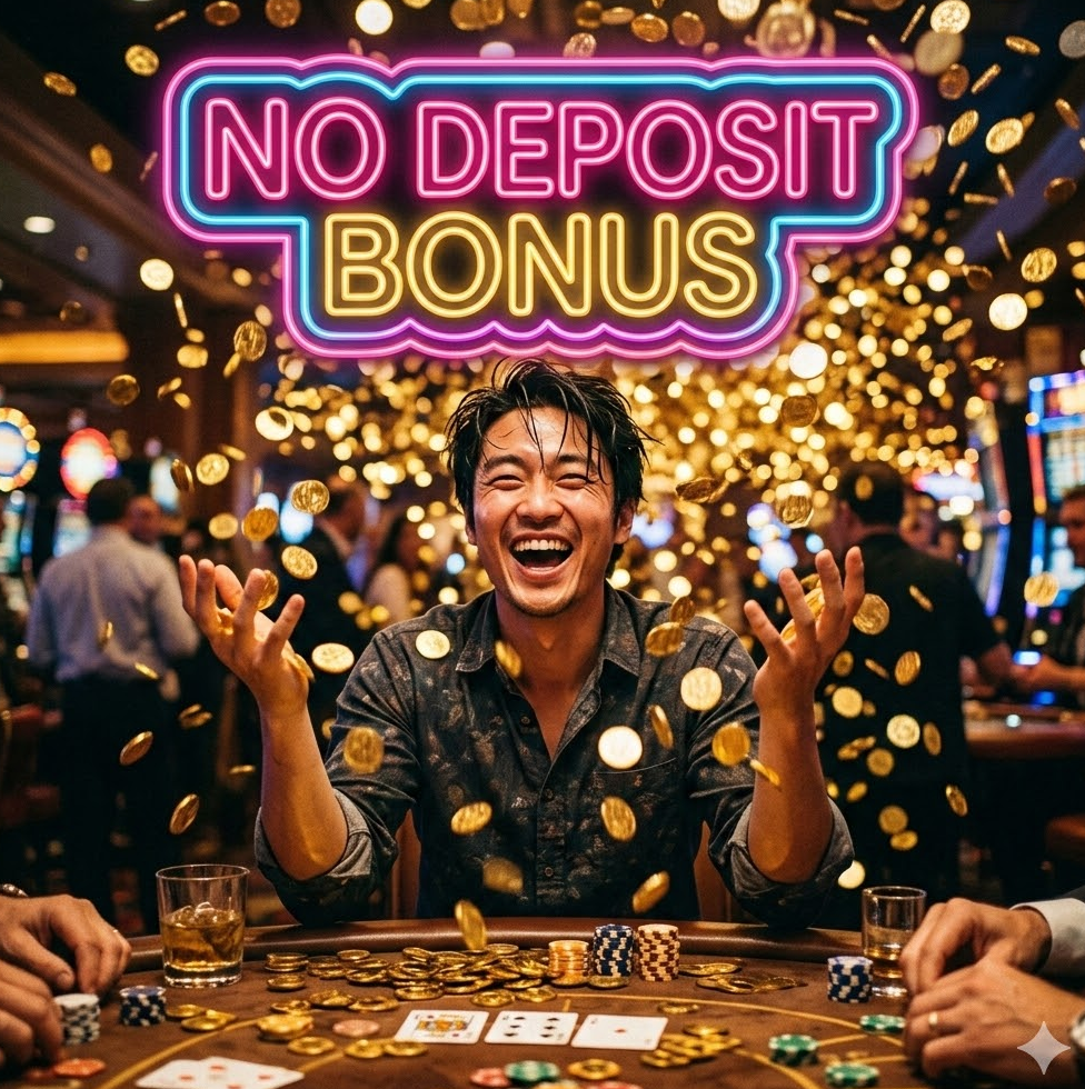 화려한 금화가 쏟아지는 배경 위에 'NO DEPOSIT BONUS'라는 문구가 세련된 네온사인 형태로 빛나는 이미지
