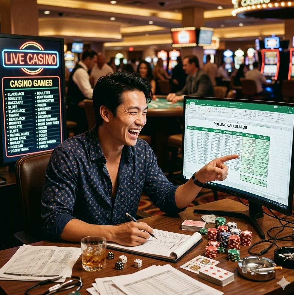 다양한 카지노 게임 리스트가 나열된 모니터 화면 앞에서 전문가가 엑셀 시트에 롤링 계산기를 띄워놓고 수치를 대조하는 모습