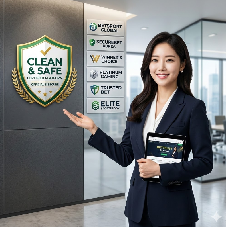 'CLEAN & SAFE' 로고가 박힌 공식 인증서 아이콘과 함께 신뢰도 높은 베팅 플랫폼들의 로고가 정렬된 이미지