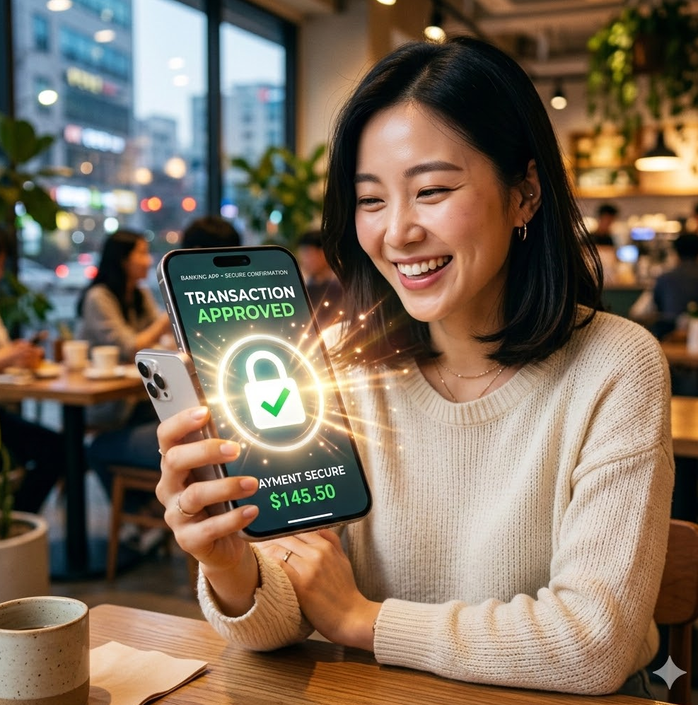 디지털 자물쇠와 체크 표시가 결합된 아이콘이 밝게 빛나며 안전한 금융 거래가 승인되었음을 알리는 이미지