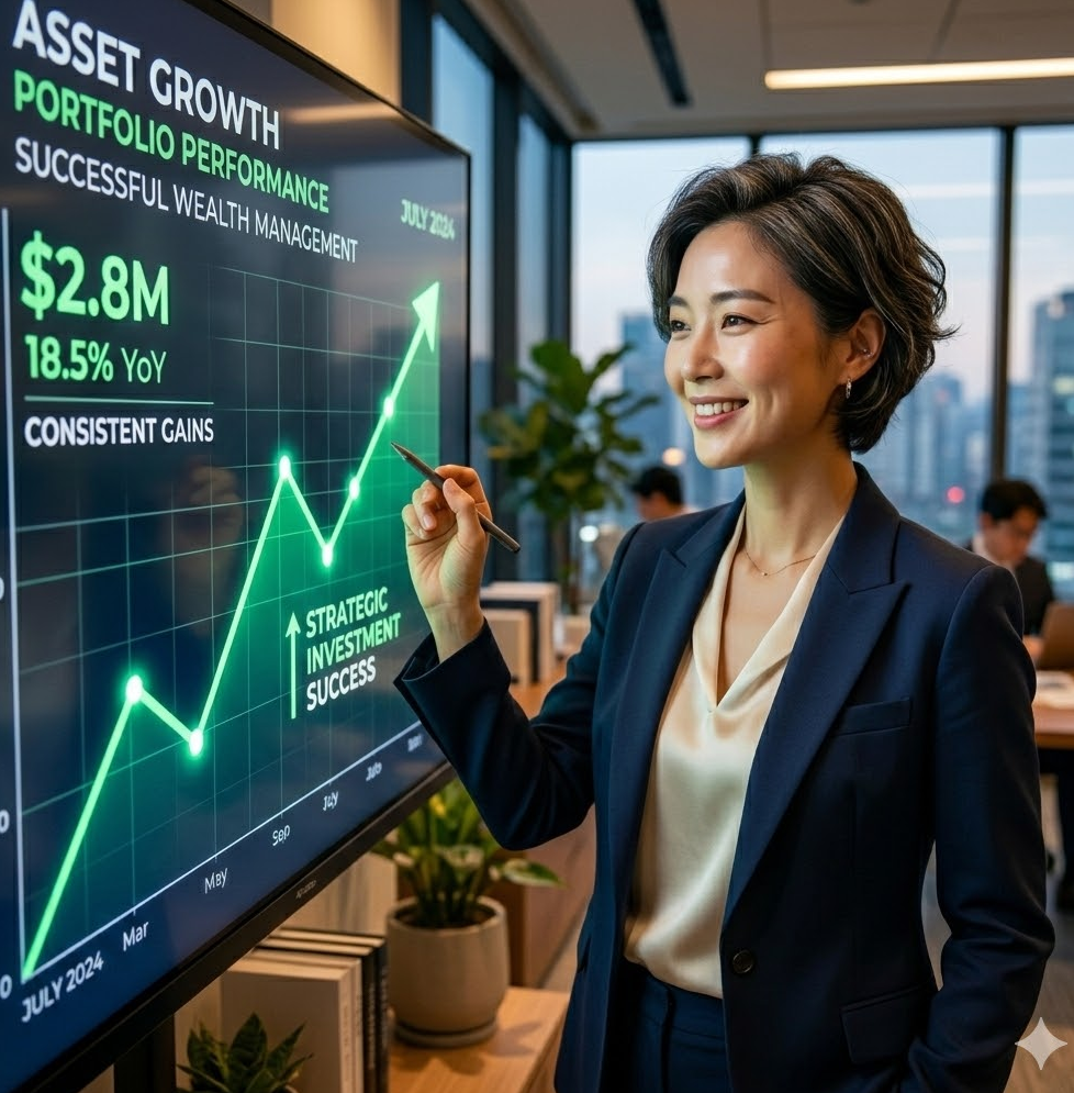성공적인 자산 관리를 상징하는 상향 곡선의 그래프와 함께 여유로운 표정으로 차트를 확인하는 전문가의 모습