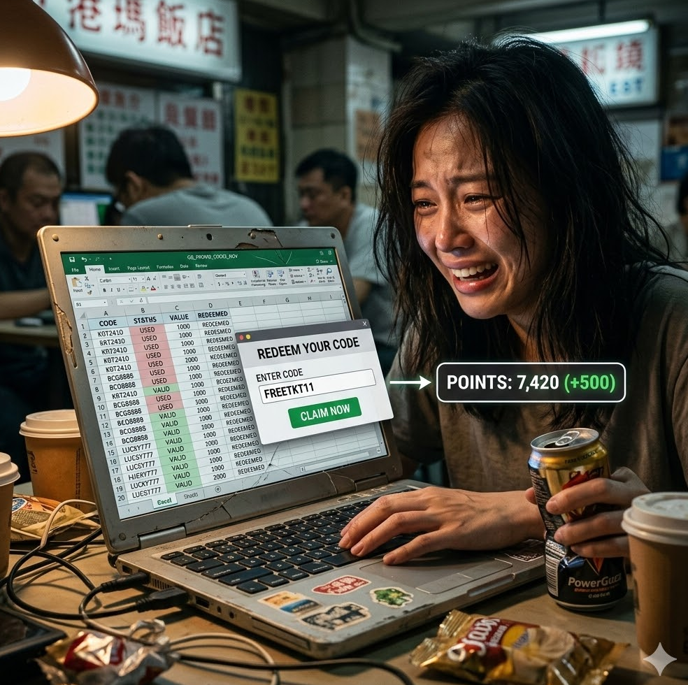 노트북 화면에 엑셀 시트로 정리된 수십 개의 꽁포 코드 리스트와 실시간으로 코드를 입력하여 포인트가 충전되는 과정을 촬영한 고화질 사진