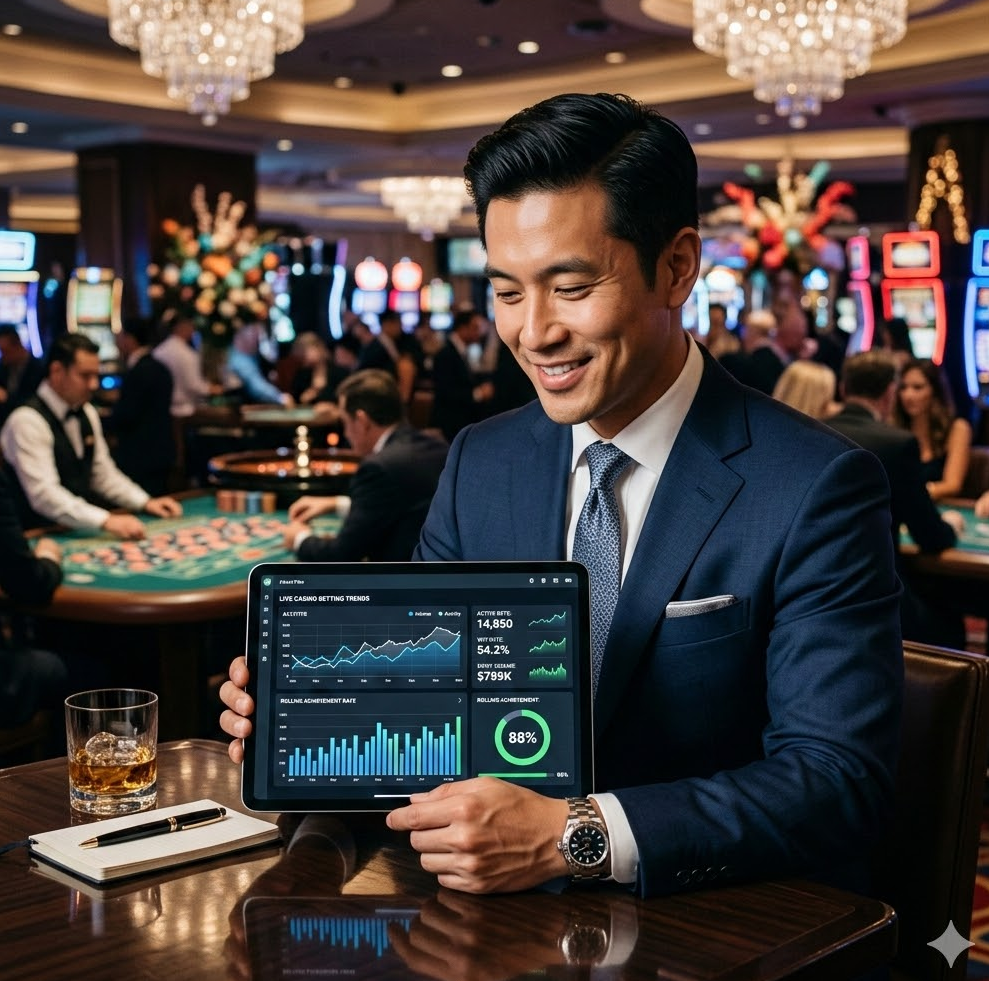 세련된 정장 차림의 분석가가 태블릿 PC로 실시간 배팅 그래프와 롤링 달성률을 확인하며 여유로운 미소를 짓는 이미지
