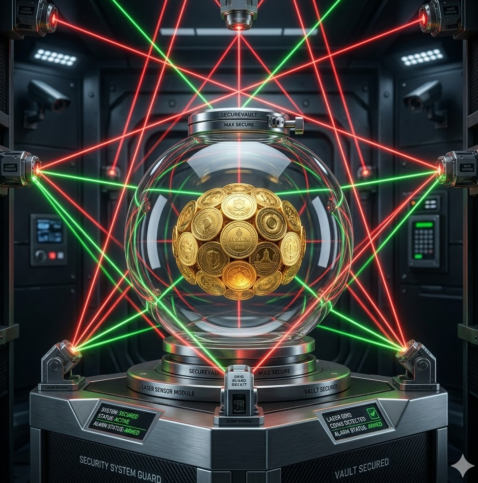 투명한 유리 구슬 안에 안전하게 보관된 금화 뭉치와 그 주위를 감싸고 있는 철통 같은 보안 레이저 가드 이미지