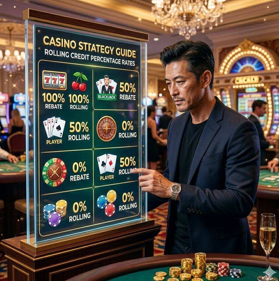 다양한 카지노 게임 아이콘 옆에 100%, 50%, 0% 등 롤링 인정 비율이 선명하게 표시된 전략 가이드 보드 이미지