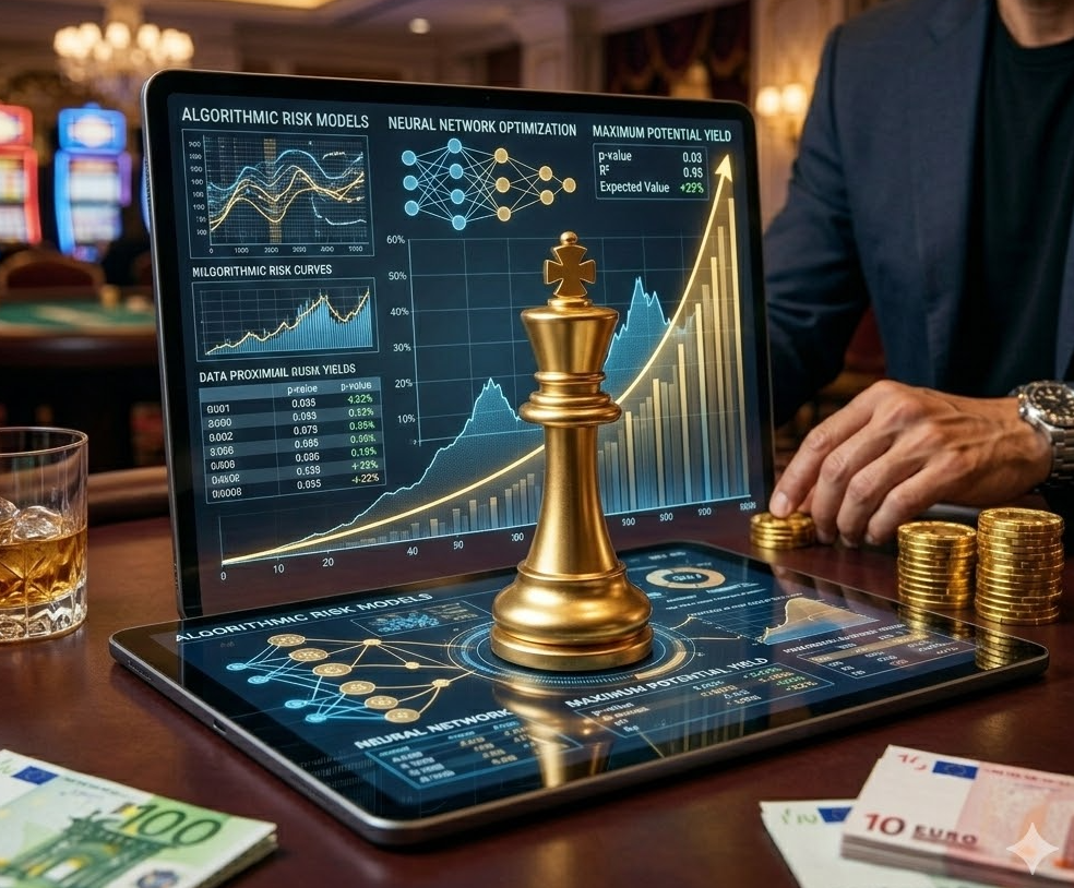 디지털 태블릿에 그려진 복잡한 배팅 알고리즘 그래프와 그 위에 놓인 체스판의 '킹' 피스가 승리를 상징하는 모습