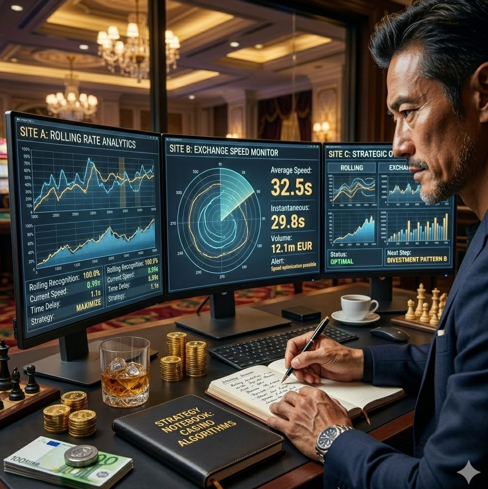 전문가가 모니터 3대를 통해 각 사이트의 롤링 인정 비율과 환전 속도를 초 단위로 분석하며 전략 노트를 작성하는 이미지