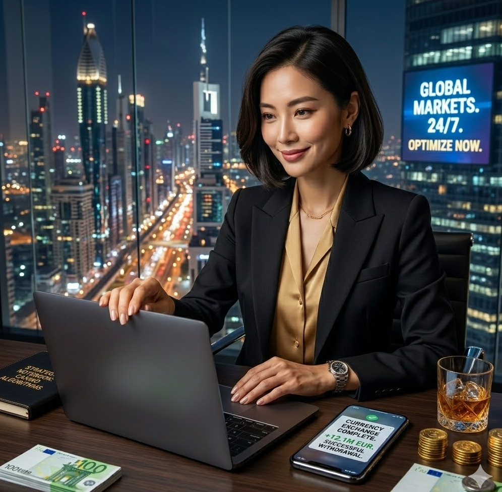 밝게 빛나는 도시 전경을 배경으로 성공한 베터가 노트북을 닫으며 만족스러운 미소를 짓고, 옆에 놓인 스마트폰에 환전 완료 알림이 떠 있는 이미지