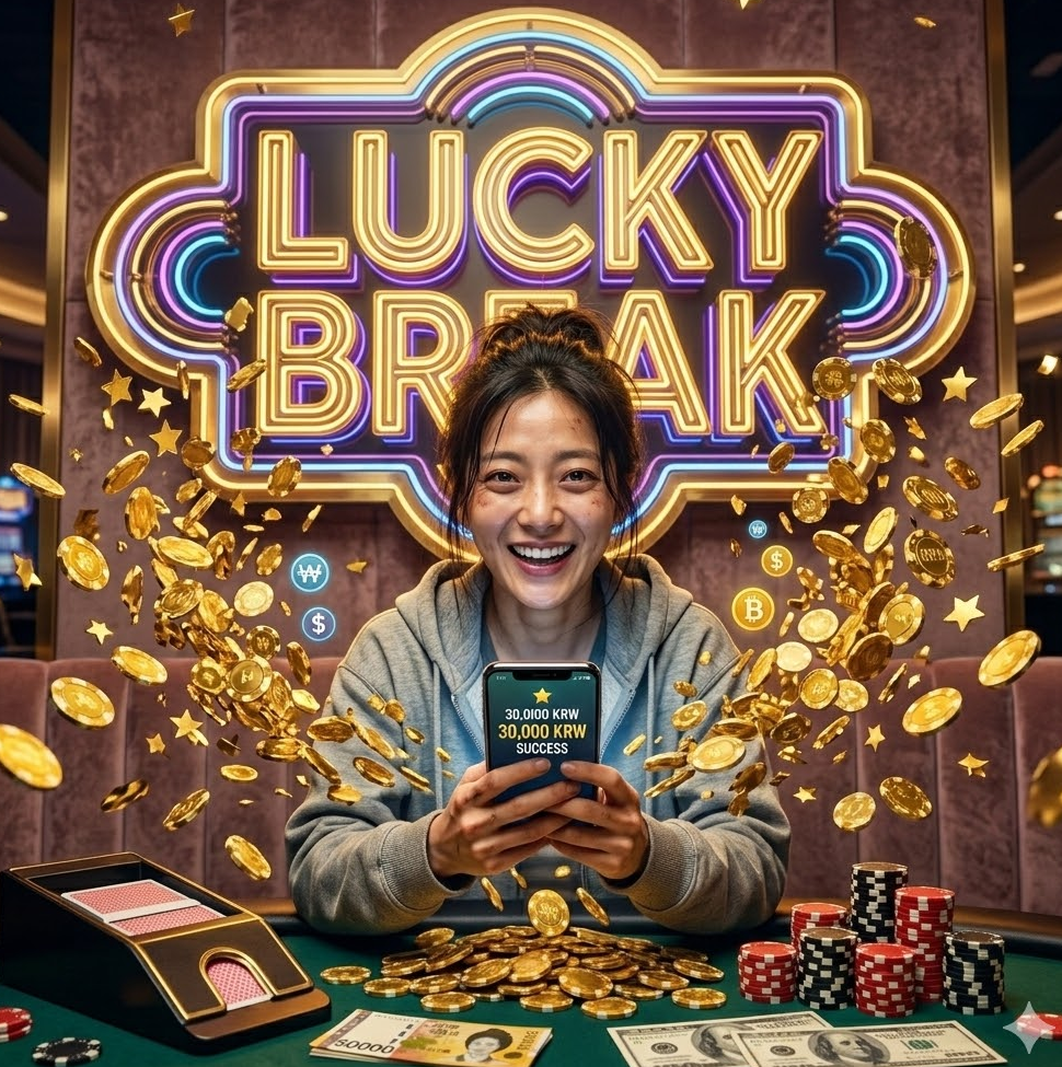  화려한 금색 칩들이 공중에 떠 있고, 그 뒤로 'LUCKY BREAK'라는 문구가 세련된 네온사인으로 빛나는 역동적인 이미지