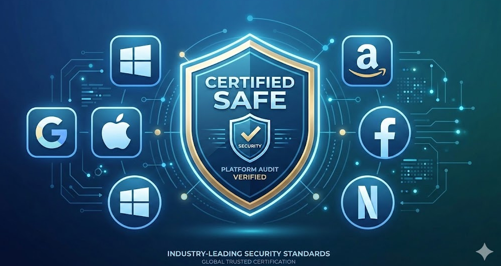 'CERTIFIED SAFE'라는 문구와 함께 방패 아이콘이 그려진 보안 인증 마크와 여러 플랫폼의 로고가 정렬된 이미지