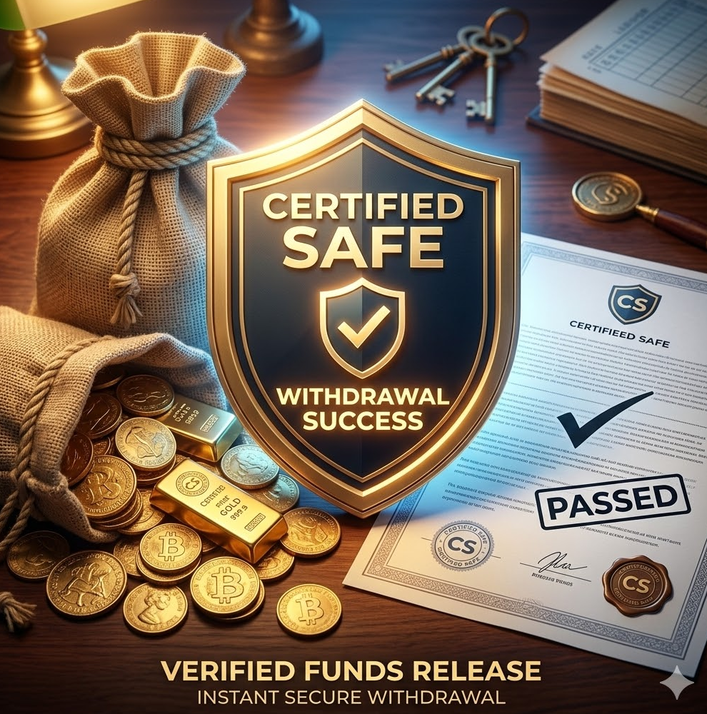 금화가 가득 담긴 주머니와 체크 표시가 된 서류가 놓여 있고, 그 위로 'WITHDRAWAL SUCCESS'라는 문구가 빛나는 이미지
