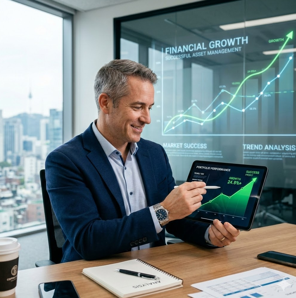 성공적인 자산 관리를 상징하는 상향 곡선 그래프와 함께 여유로운 표정으로 차트를 분석하는 전문가의 모습