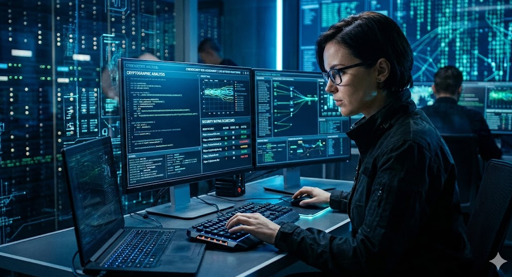 노트북 화면에 띄워진 여러 사이트의 등급별 점수표와 함께 보안 전문가가 디지털 암호를 분석하는 듯한 사이버틱한 그래픽 이미지