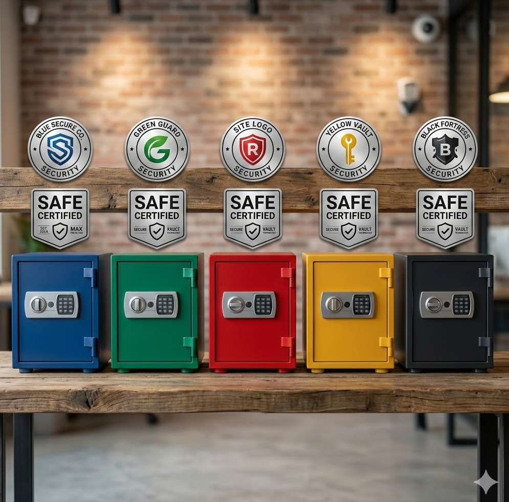 5가지 다른 색상의 금고가 정렬되어 있고 각각의 금고 위에 사이트 로고와 'SAFE' 인증 인장이 찍힌 모습