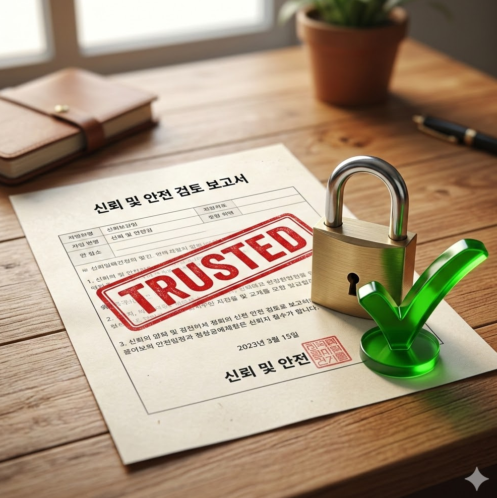 'TRUSTED'라는 도장이 찍힌 서류가 놓여 있고 그 옆에 안전을 상징하는 자물쇠와 초록색 체크 마크가 입체적으로 그려진 이미지