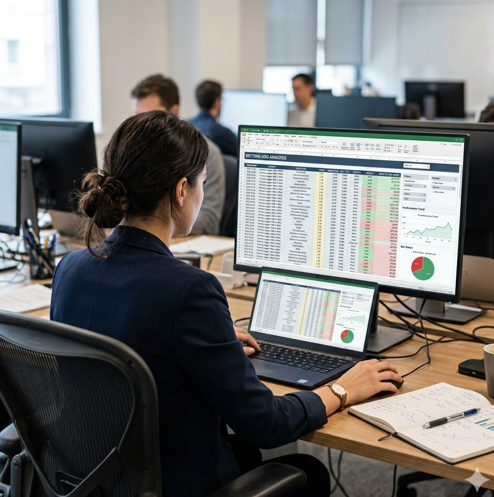 노트북 앞에 앉아 정밀하게 데이터를 분석하는 전문가의 뒷모습과 화면 가득 채워진 복잡한 배팅 로그 분석표 이미지