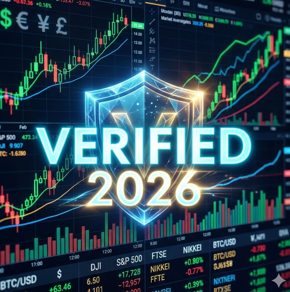 전 세계의 금융 차트와 안전을 상징하는 방패 아이콘이 오버레이된 배경 위에 'VERIFIED 2026'이라는 문구가 빛나는 이미지