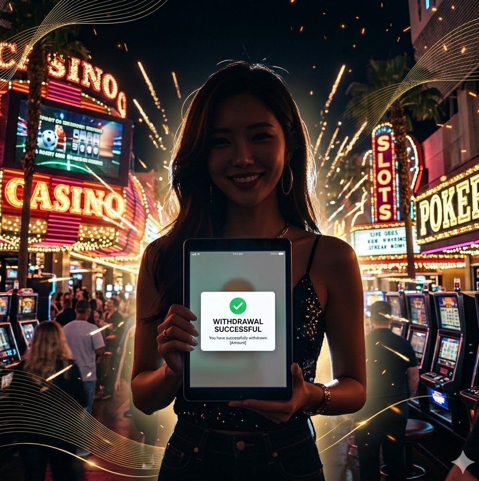 스마트폰 화면에 입금 내역 없이 '출금 성공' 메시지가 떠 있는 알림창과 기뻐하는 유저의 실루엣