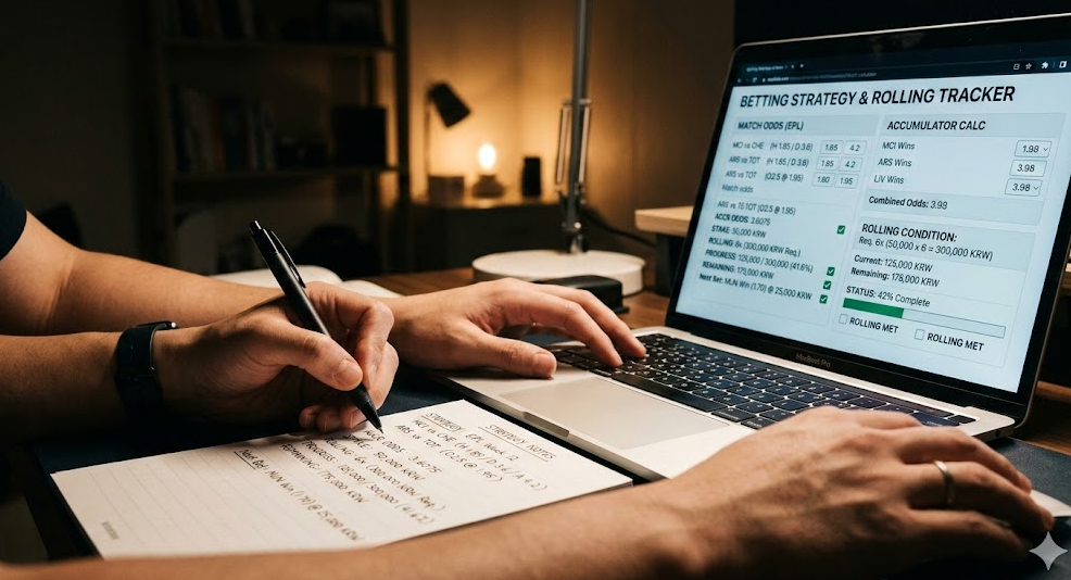 노트북 화면에 띄워진 복잡한 배당률 계산기와 롤링 조건을 체크하며 전략을 메모하는 베터의 손 이미지