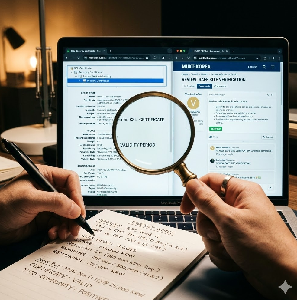 돋보기를 들고 웹사이트의 보안 인증서와 먹튀 검증 커뮤니티의 게시글을 꼼꼼히 살피는 전문가의 모습