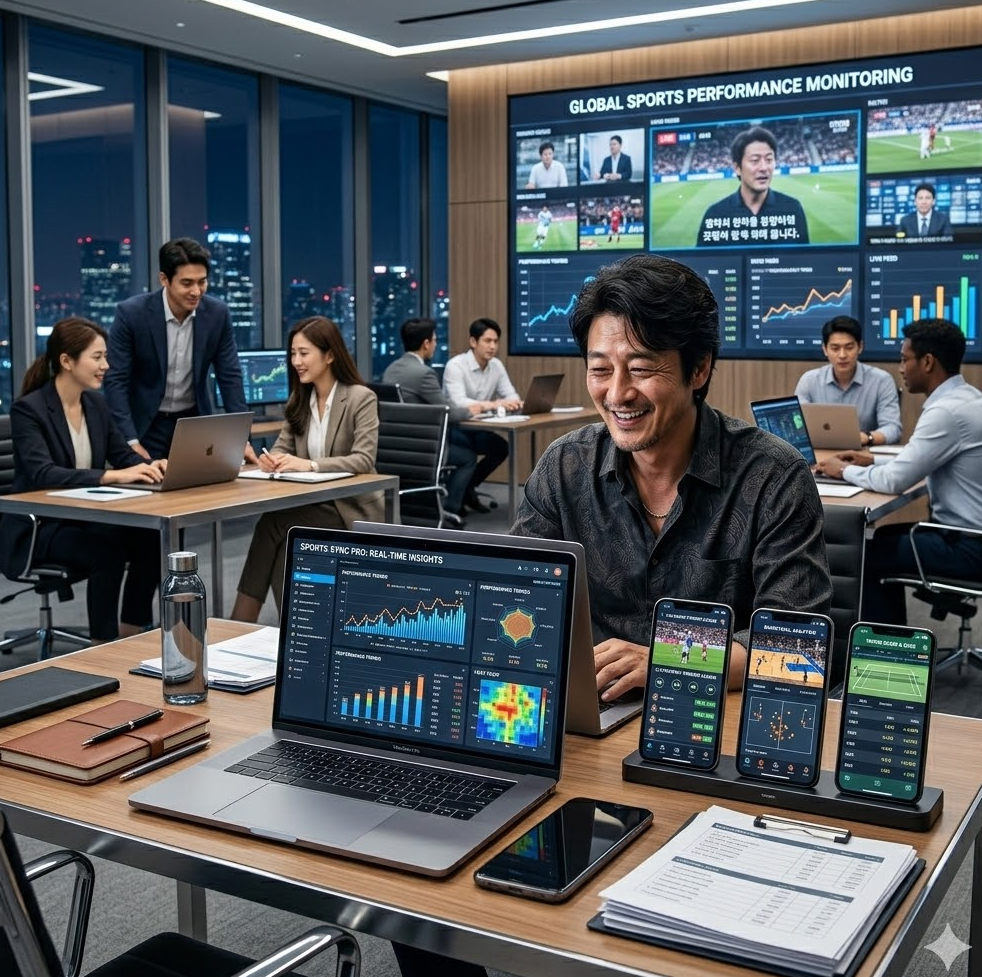 세련된 사무실 책상 위에 최신형 노트북과 여러 대의 스마트폰이 놓여 있고 화면마다 각기 다른 실시간 스포츠 중계와 분석 차트가 띄워져 있는 전문적인 풍경