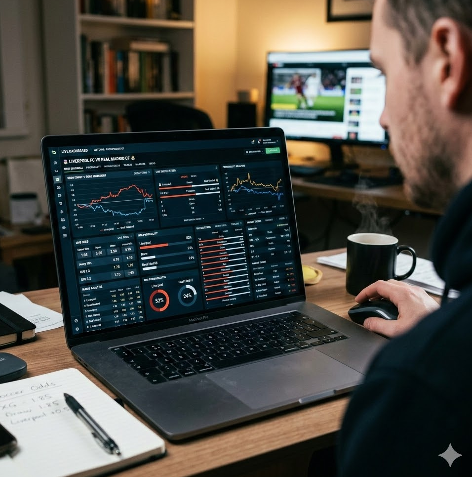 노트북 화면에 실시간으로 업데이트되는 다양한 스포츠 배당률 그래프와 당첨 확률 통계 자료들이 복잡하게 나열된 분석형 이미지