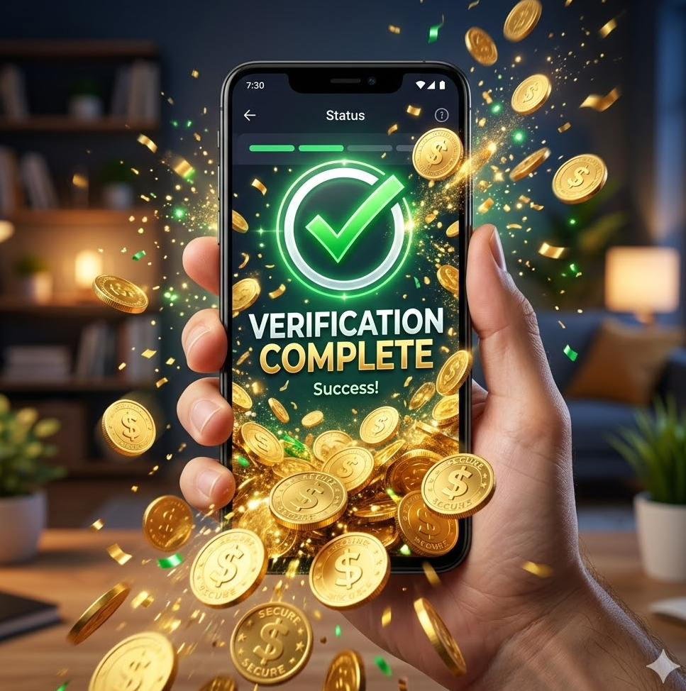  스마트폰 앱 화면에 녹색 체크표시가 선명하게 찍힌 '검증 완료' 로고와 함께 금색 동전들이 쏟아지는 화려하고 역동적인 그래픽