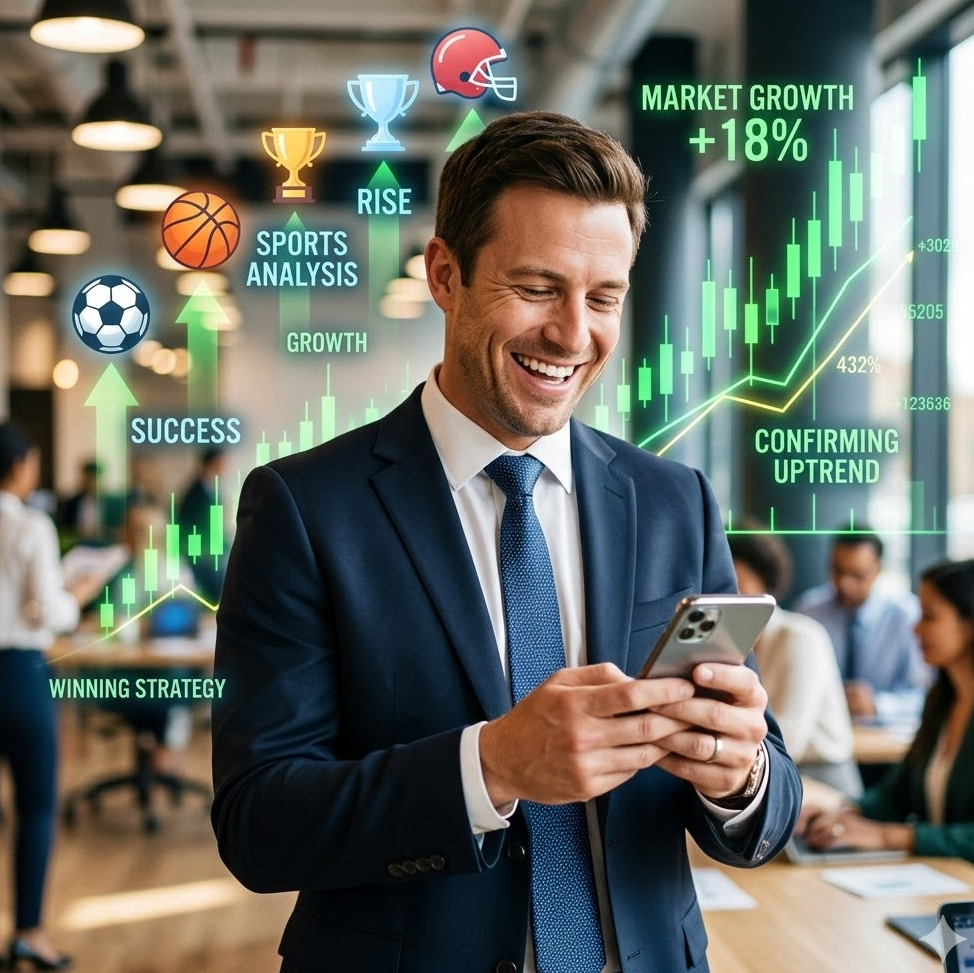 깔끔한 정장 차림의 남성이 자신감 넘치는 표정으로 스마트폰을 보며 웃고 있고 그 뒤로 상승하는 주식 차트와 스포츠 아이콘들이 오버레이된 이미지