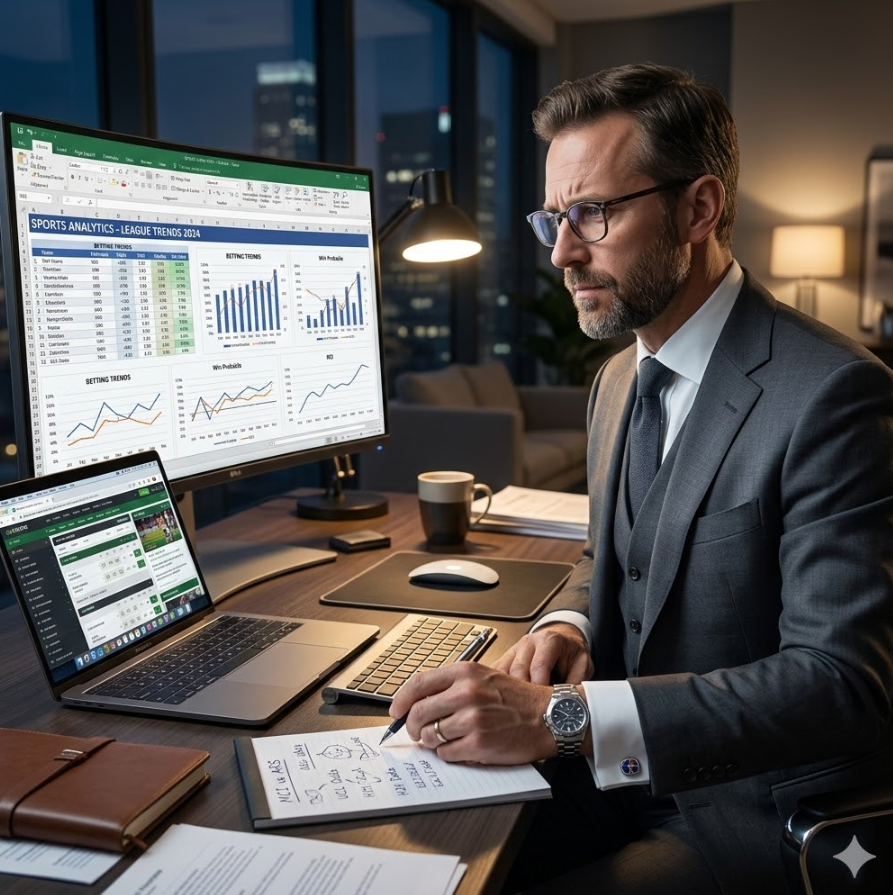 세련된 정장 소매가 보이는 남성이 노트북 앞에서 복잡한 스포츠 배당 판독표와 엑셀 차트를 대조하며 신중하게 경기를 분석하는 프로페셔널한 장면